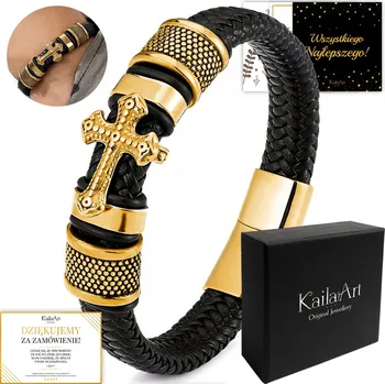 Náramek KOŽENÝ NÁRAMEK PÁNSKÝ A DÁMSKÝ, KŮŽE, CHIRURGICKÁ OCEL ZLATO KailaArt