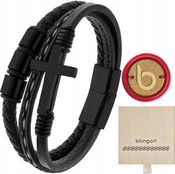 Náramek Pánský náramek KOŽENÝ trojitý PLETENÝ KŘÍŽ černá ocel