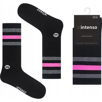 Pánské ponožky PONOŽKY DÁMSKÉ BAVLNA DLOUHÉ VYSOKÉ RETRO PROUŽKY MÓDNÍ 36-40 ČERNÁ+RŮŽOVÁ