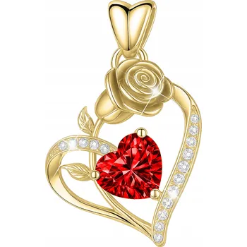 Přívěsek Zlatý přívěsek na řetízek Červené Křišťálové Srdce s Růží STŘÍBRO 925
