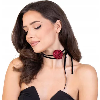 Náhrdelník Ozdobný náhrdelník CHOKER s květinou RŮŽE na krk, červená stužka