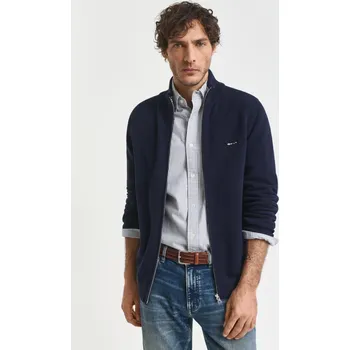 Pánské oblečení SVETR GANT COTTON PIQUE ZIP CARDIGAN EVENING BLUE