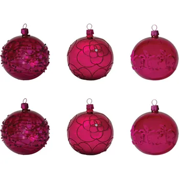 Vánoční ozdoba Koulier Skleněné vánoční ozdoby basic Magenta - Magenta čiré koule a květy, 6ks