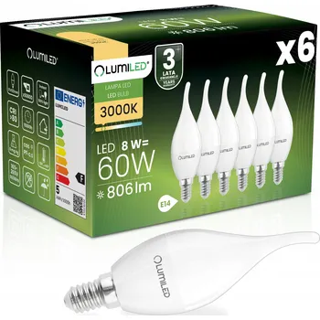 Žárovka 6x LED žárovka E14 Svíčka BA35 8W = 60W 806lm 3000K Teplá bílá 180° LUMILED