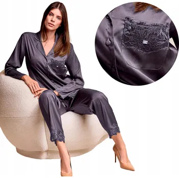 Dámské noční prádlo Dámské pyžamo dvoudílné saténové s dlouhým rukávem a dlouhými kalhotami Lormar XL