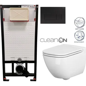 Klozet DEANTE Podomítkový rám, pro závěsné WC mísy + SLIM tlačítko černé + WC CERSANIT CLEANON CASPIA + SEDÁTKO CST_WC01 N51P CP1