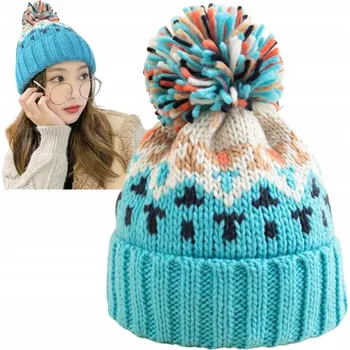 Čepice ČEPICE ZIMNÍ DÁMSKÁ S BAMBULKOU BEANIE ZATEPLENÁ NA ZIMU MODRÁ