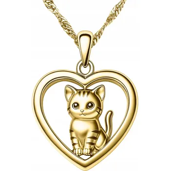 Náhrdelník Zlatý Náhrdelník Srdce s Koťátkem 585 Srdíčko s Kočkou Kočka Kotě STŘÍBRO 925