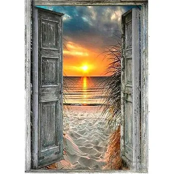 Obraz Diamantová mozaika Pohled na pláž přes dveře 30x40 cm Kreativní diamanty
