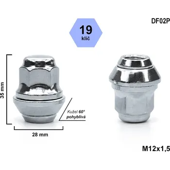 Matice na kolo Kolová matice M12x1,5 kužel, pohyblivá, klíč 19, uzavřená, DF02P-MW, výška 35 mm
