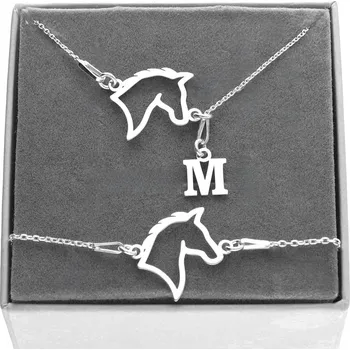 Souprava šperků SADA STŘÍBRNÝCH ŠPERKŮ 925 KONÍK S PÍSMENEM - KŮŇ S PÍSMENEM + GRAVÍROVÁNÍ