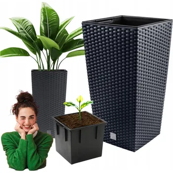 Květináč Ratanový plastový květináč s vložkou 19,5x37,5 cm zahradní černý