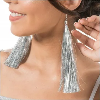 Náušnice NÁUŠNICE Z LAMETY STŘÍBRNÉ 15 CM DOPLNĚK KARNEVAL FESTIVAL KONCERT PARTY