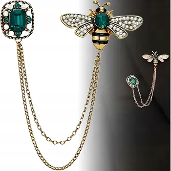 Brož Elegantní zlatá brož se zirkony, včelka, ozdobná sponka s řetízkem, hmyz