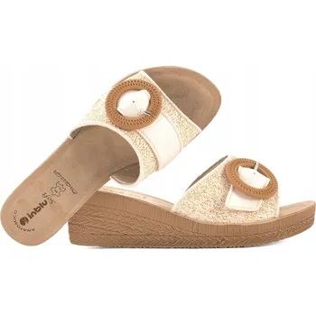 Dámské pantofle INBLU GO-11 Dámské NAZOUVÁKY pantofle s koženou stélkou, klínek, měkká PU podrážka, světle béžové, velikost 36