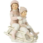 Bílo-růžová dekorace chlapec a dívka na saních - 13*7*16 cm