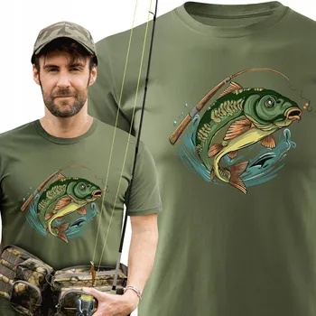 Pánské tričko Tričko tričko khaki T-shirt na ryby s barevným potiskem KAPRA vel. L