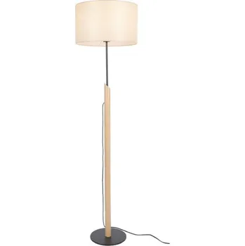 Stojací lampa ACA Lighting stojací lampa CLIFF černý kov + přírodní dřevo s béžovým textilním stínítkem 1xE27 MF21858