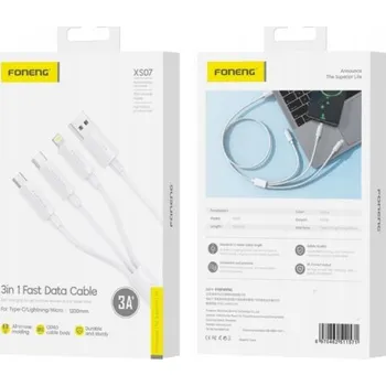 Kabel FONENG USB - USB typ C / microUSB / Lightning 1,2 m bílý