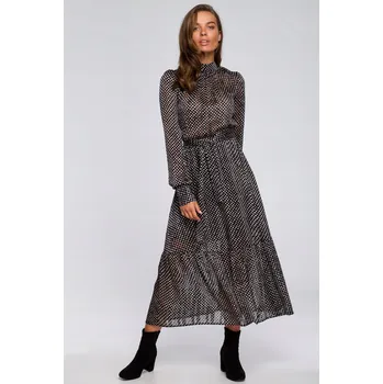 Dámské šaty ELEGANTNÍ DÁMSKÉ ŽENSKÉ ŠATY MIDI ŠIFONOVÉ S PUNTOVANÝM VZOREM ČERNÉ 36 S