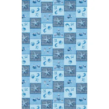 Koupelnová předložka Nese plastik 497 Aquamat 497 - pěnová předložka - hvězdice, lastury, škeble ve čtvercích (š 65 cm) Barva: modrá, šíře: 65 cm x 1500 cm