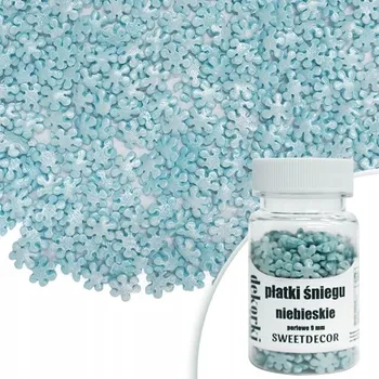 Jedlá dekorace na dort Cukrový posyp SNĚHOVÉ VLOČKY MODRÉ PERLEŤOVÉ 9 mm Sweet Decor, 30 g