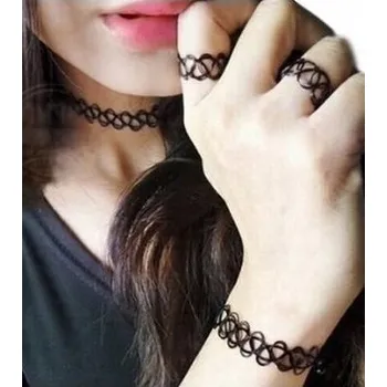 Náhrdelník Černý Choker Náhrdelník Sada 3ks Tattoo Náramek