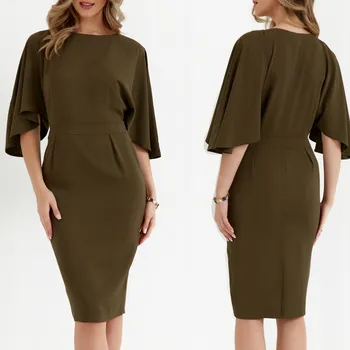 Dámské šaty STYLOVÉ DÁMSKÉ ŠATY S KRÁTKÝM ŠATY ELEGANTNÍ ŠIROKÉ RUKÁVY, KHAKI 42 XL