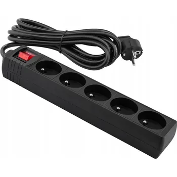 Napájecí kabel Prodlužovací Kabel Zásuvková Lišta 5 zásuvek s uzemněním + vypínač 5 m černý