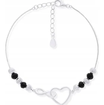 Náramek Dámský stříbrný náramek srdce nekonečno černé kuličky Ag 925