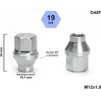 Matice na kolo Kolová matice M12x1,5 kužel s krčkem 15,7 zavřená, klíč 19, D40F, výška 34 mm, délka krčku 6 mm
