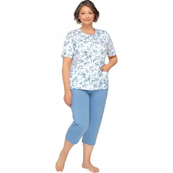 Dámské pyžamo DÁMSKÉ PYŽAMO XL MODRÉ S KVĚTINAMI ROZEPÍNACÍ KRÁTKÝ RUKÁV KALHOTY BAVLNA