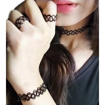 Náhrdelník Černý Choker Náhrdelník Sada 3ks + Náramek