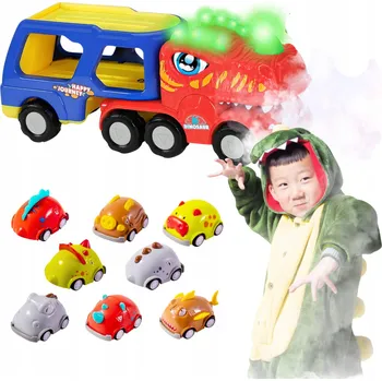 autíčko SADA VOZIDEL DINOSAUŘI NÁKLADNÍ AUTO AUTOPŘEPRAVNÍK SVĚTLA ZVUKY KOUŘ