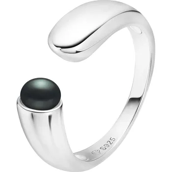 Prsten ANNA PERLY Minimalistický stříbrný otevřený prsten s pravou černou sladkovodní perlou Velikost prstenu: 57, Barva perly: černá