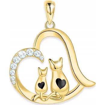Přívěsek Zlatý přívěsek na řetízek Srdce Kočky Srdíčko s kočkami STŘÍBRO 925