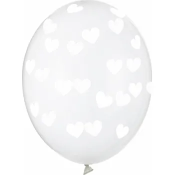 PartyDeco Balónky latexové transparentní s bílými srdíčky 30 cm 6 ks