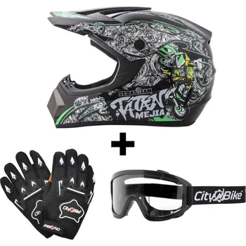Motodoplněk Atv akční set: Helma racing TATAN černo-zelená L (59-60 cm) + rukavice a brýle