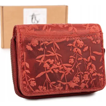Malá dámská peněženka z pravé vintage kůže s květinovým vzorem a RFID ochranou, červená