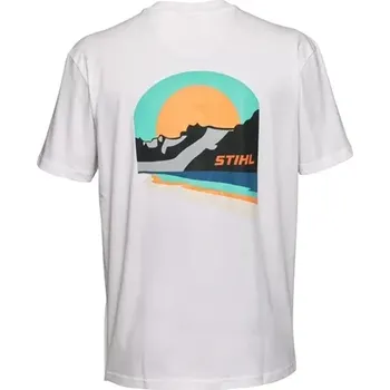 Pánské tričko Tričko SUNSET WHITE STIHL (042130134) (Oversized tričko, které je vpředu hladké a bez potisku s barevným potiskem západu slunce na zádech. Jednoduchý žerzejový materiál je vyroben ze 100% organické bavlny a je příjemný na nošení.)