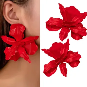 Náušnice Náušnice červené KVĚTINOVÉ velké květy matné na svatební hostina, oslavu, párty - WOW efekt