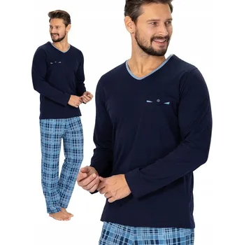 Pánské pyžamo Hotberg LEON - elegantní tmavě modré pánské pyžamo s dlouhým rukávem a výstřihem do V, velikost XL