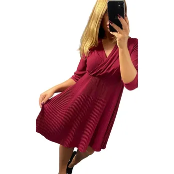 Dámské šaty V583 ELEGANTNÍ PLÁSOVANÉ MIDI ŠATY vínové barvy vel. 42 (XL)