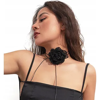 Náhrdelník Ozdobný náhrdelník CHOKER s květinou – růže na řemínku, elegantní ČERNÝ