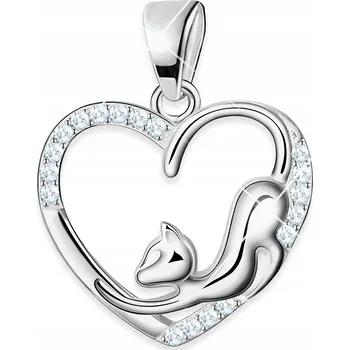 Přívěsek Stříbrný přívěsek na řetízek Kočka Kotě a srdíčkem a kubickými zirkony, STŘÍBRO 925