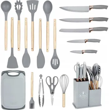 Sada kuchyňských nožů Elitehoff 5 nožů + 12 kusů kuchyňského náčiní + prkénko + blok na nože