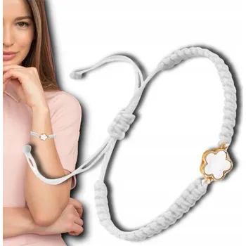 Náramek Bílý dámský náramek jako dárek na ruku, pletená šňůrka čtyřlístek, řemínky