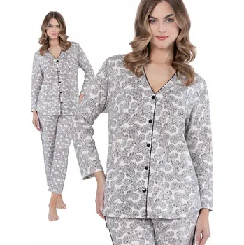 Dámské pyžamo Pyžamo Leveza 1609 Bronia Dlouhý Rukáv M-2XL Rozepínací L písková-černá