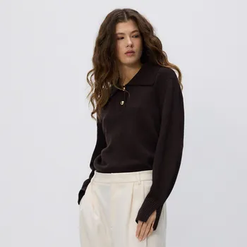 Dámský svetr Reserved - Vlněný svetr s límcem - tmavě hnědá - 452GX-89X - 452GX-89X-S