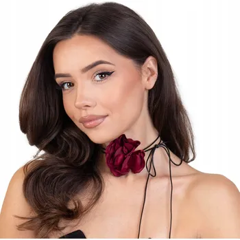 Náhrdelník Náhrdelník CHOKER ozdobný RŮŽE na krk KVĚT na řemínku elegantní ČERVENÝ